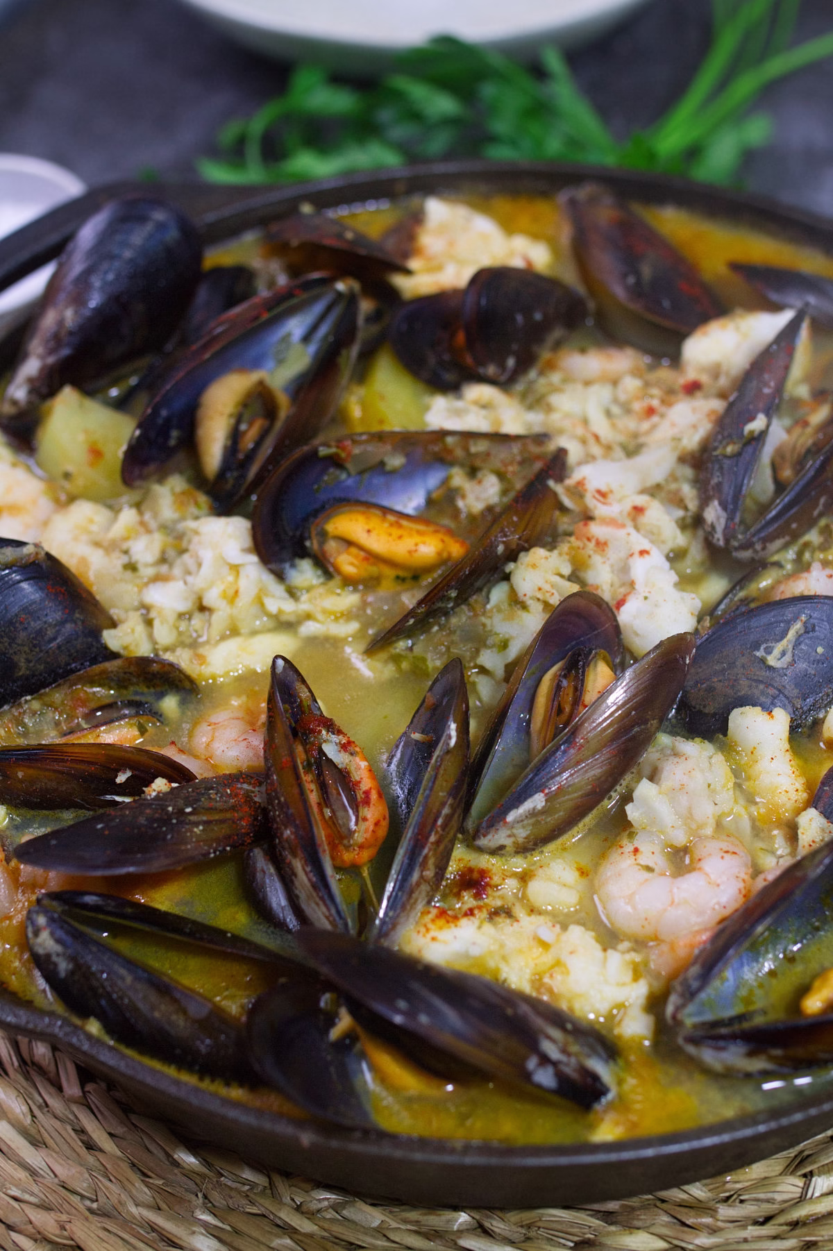 A large pan of Spanish Seafood Stew