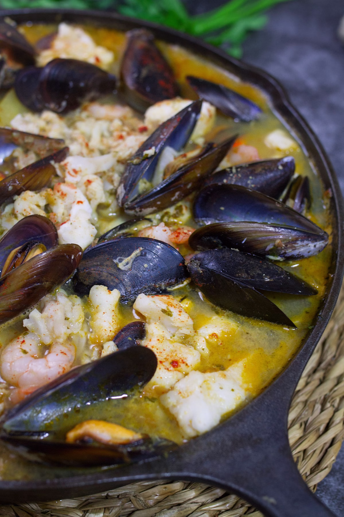 A large pan of Spanish Seafood Stew