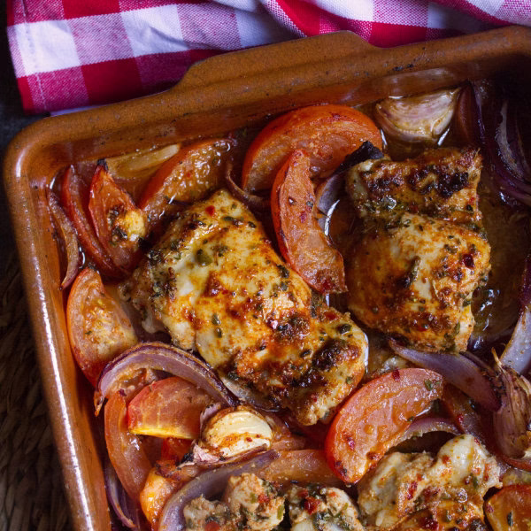 a pan of Lazy boy chicken thighs