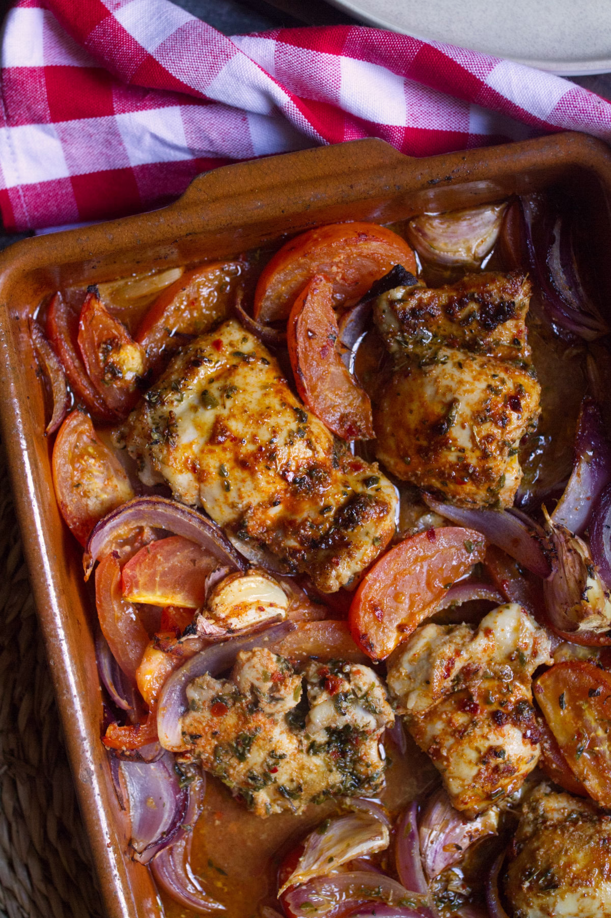 a pan of Lazy boy chicken thighs