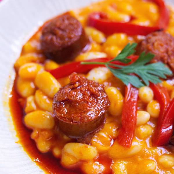 a bowl of Rioja-Style Beans with Spanish Chorizo