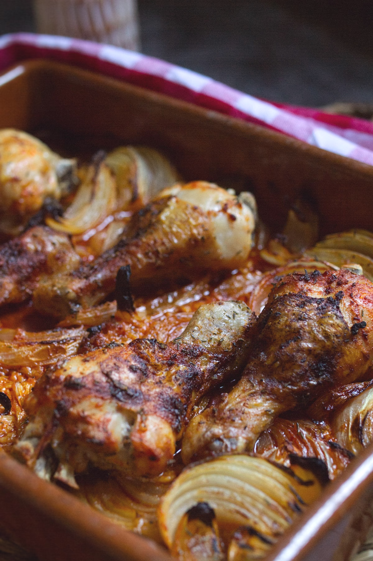 a pan of Spanish Chicken drumsticks