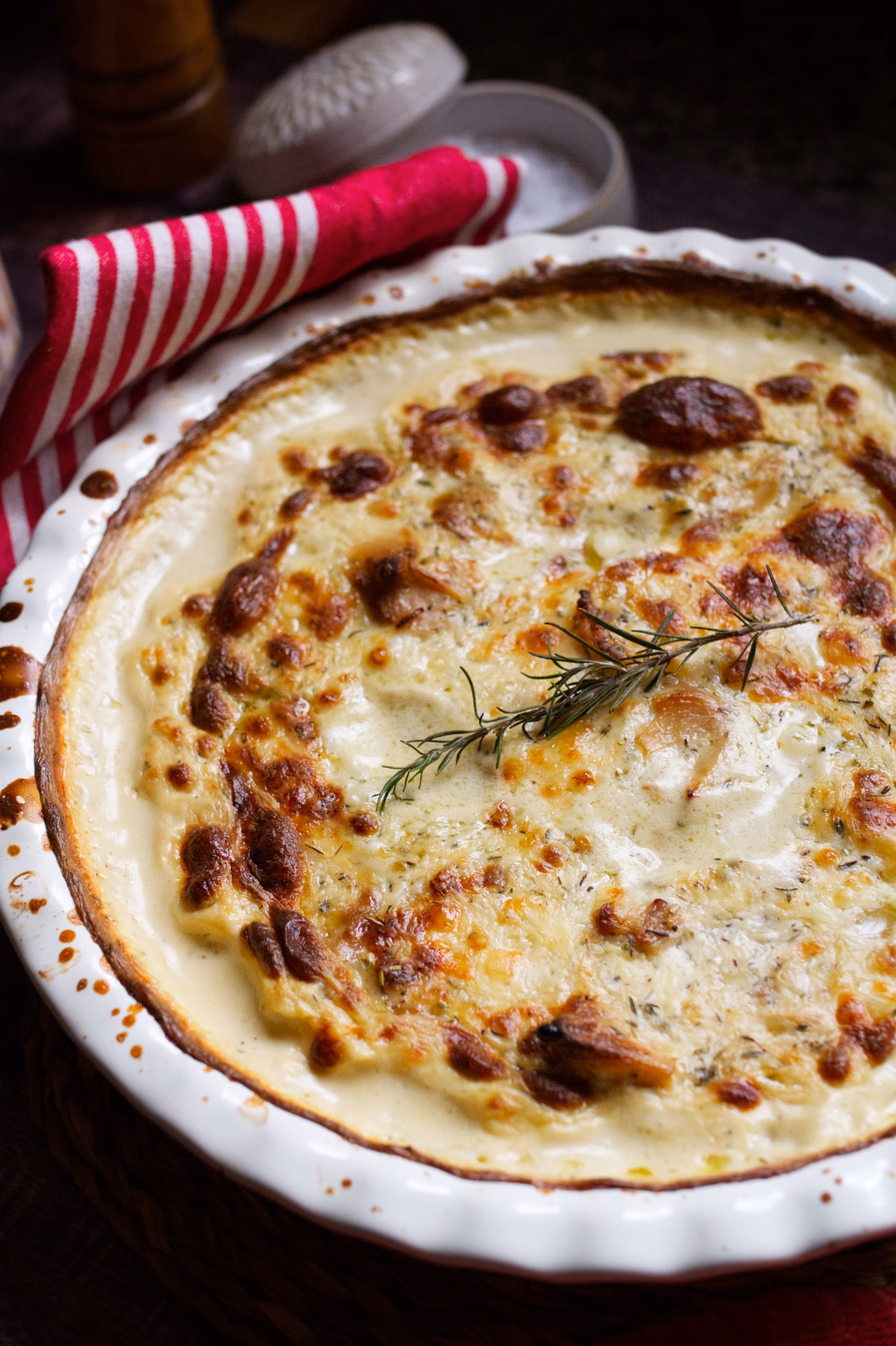 A large dish of Spanish-Style Potato Gratin with Manchego Cheese