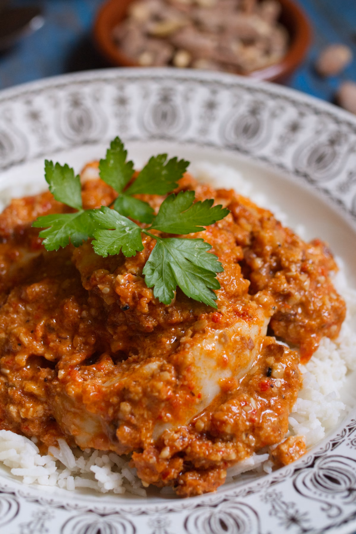 A serving of Catalan fish stew, a healthy stew with romesco sauce