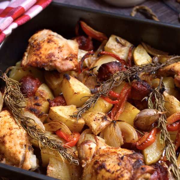 A pan with cooked chicken thighs, chorzio pieces, potatoes, and other veg and herbs.