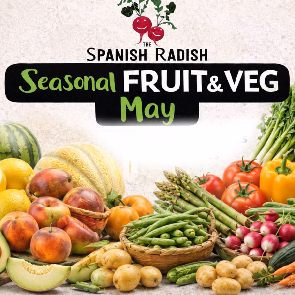 Seasonal fruit and vegetable chart for May in Spain and the Mediterranean featuring strawberries, cherries, tomatoes, asparagus, artichokes, zucchini, and other spring produce.