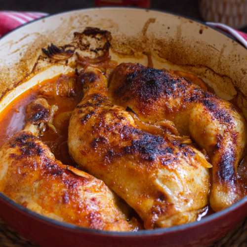 A large dish of Spanish Vermouth Chicken served
