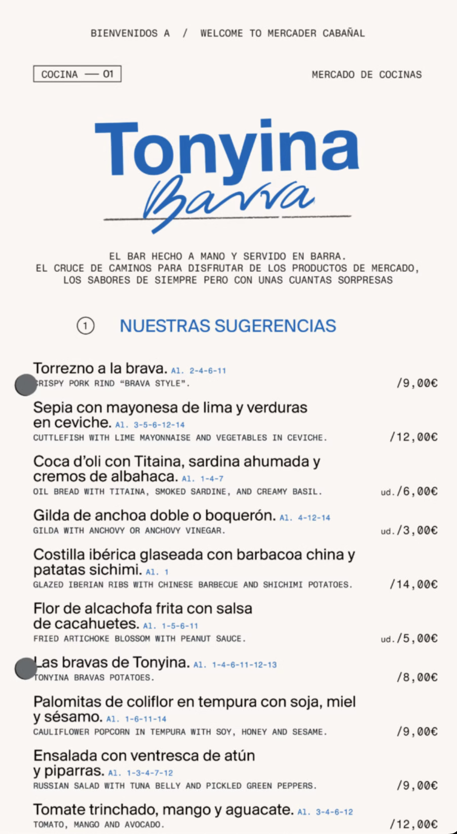 An excerpt from the menu on offer at Tonyina Barra