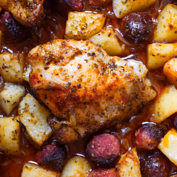 A large tray bake of Spanish chicken and chorizo