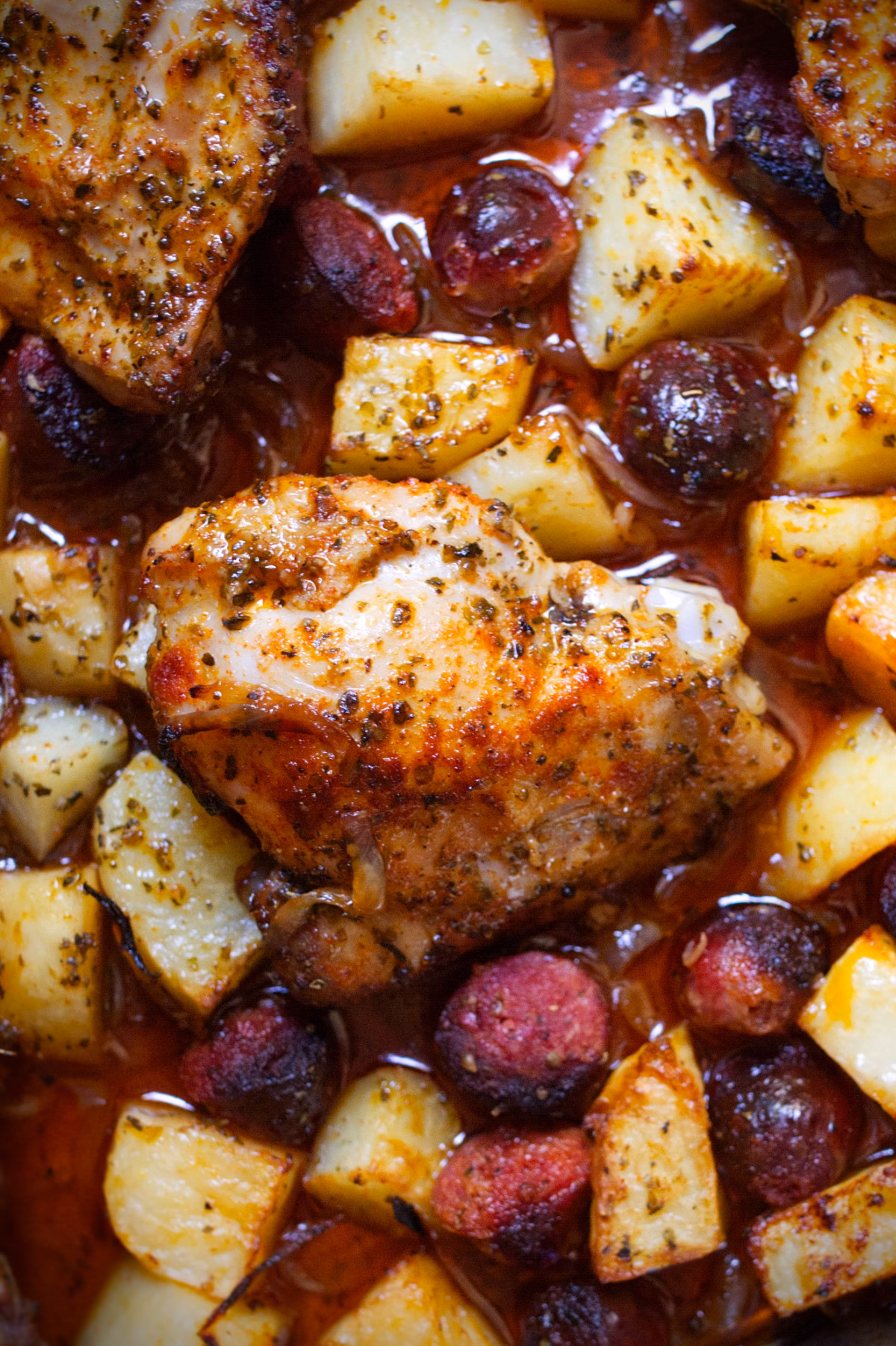A large tray bake of Spanish chicken and chorizo