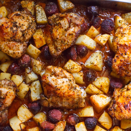 Baked Chicken Chorizo Traybake-v2 - The Spanish Radish A large tray bake of Spanish chicken and chorizo