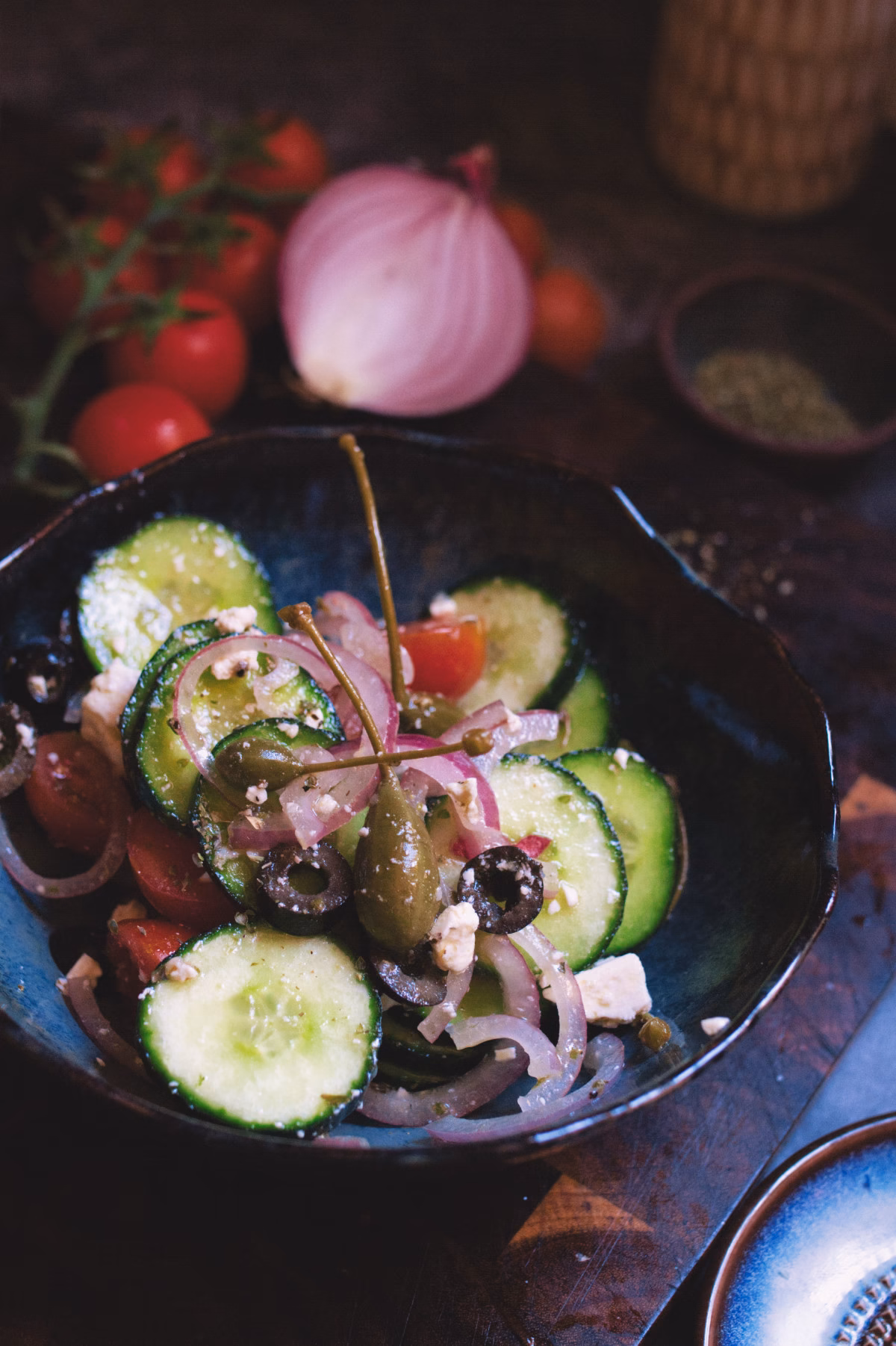 A small bowl of Mediterranean cucumber salad