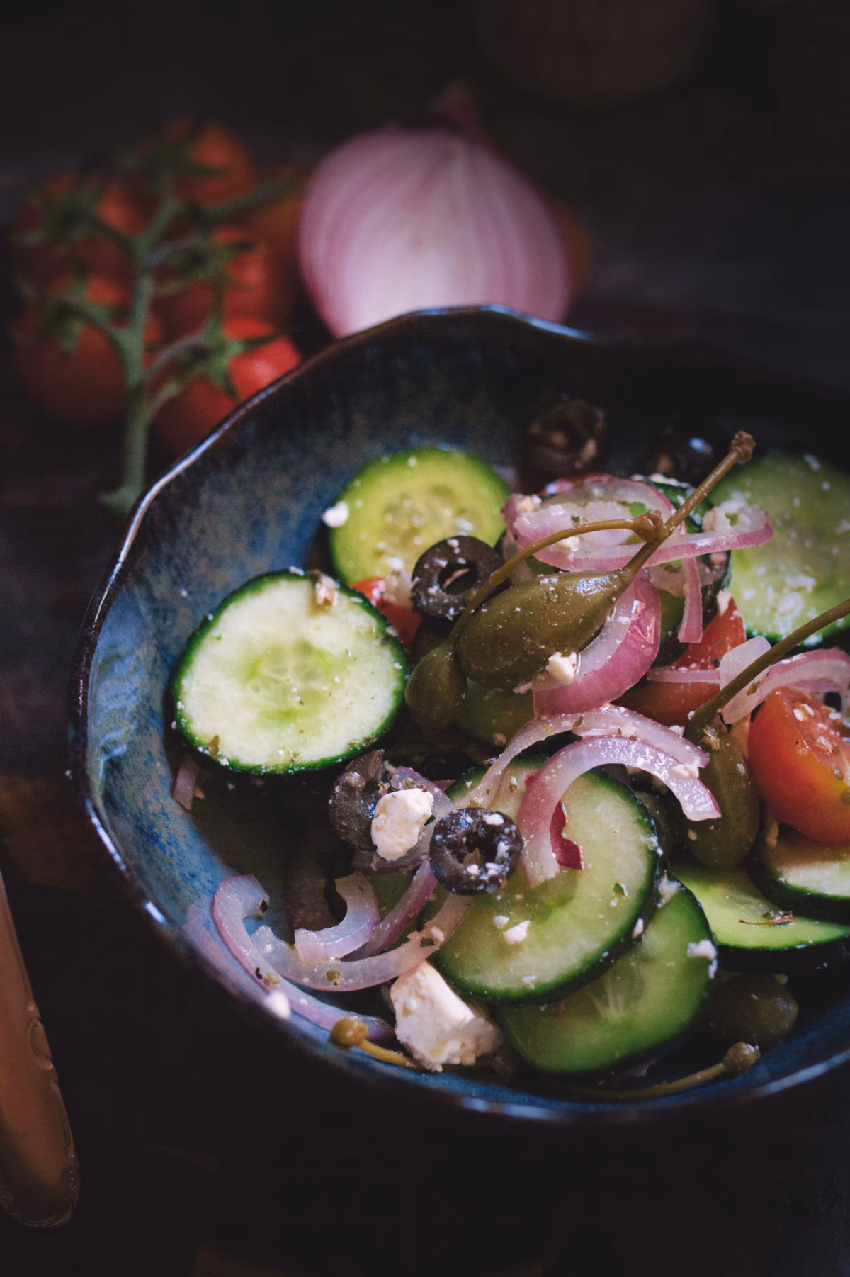 A small bowl of Mediterranean cucumber salad