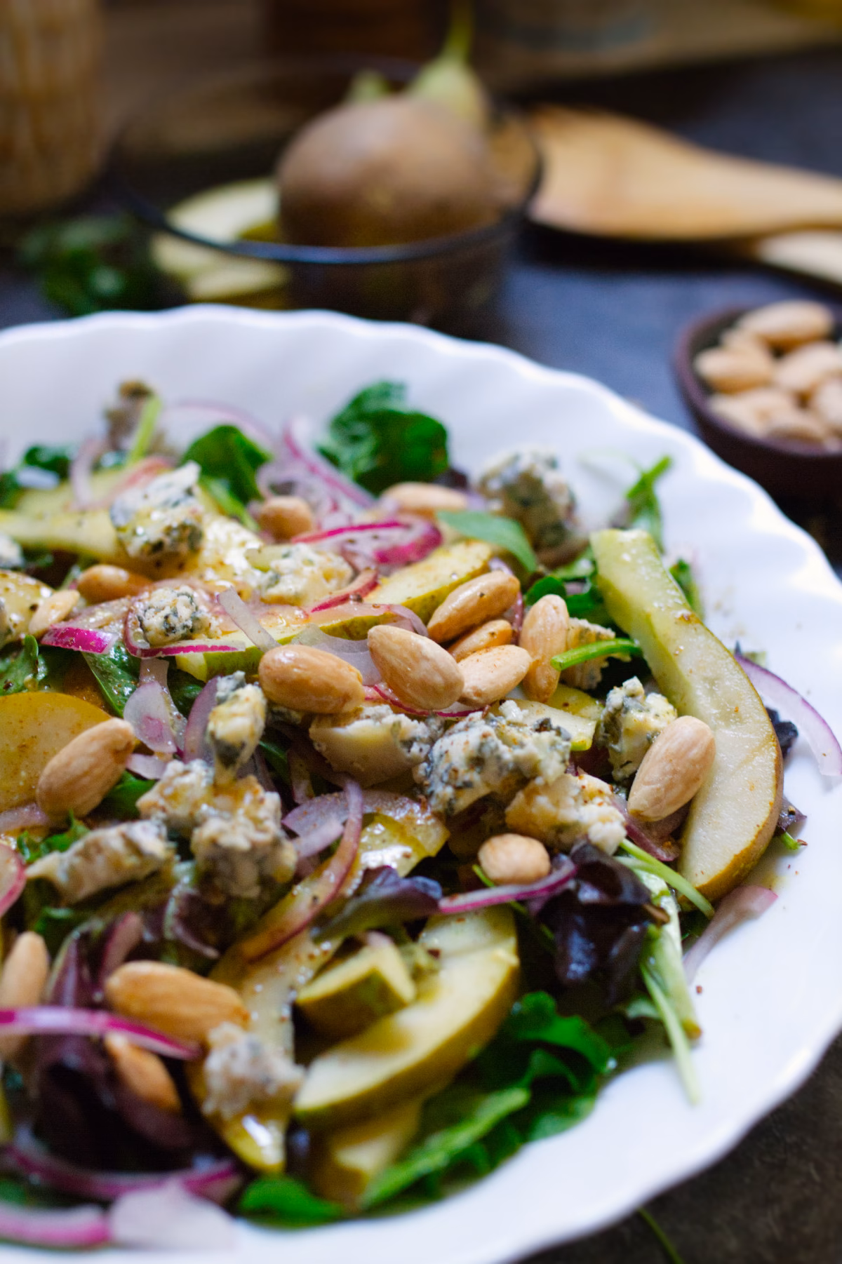 Pear and Blue Cheese Salad A large bowl of pear and blue cheese salad