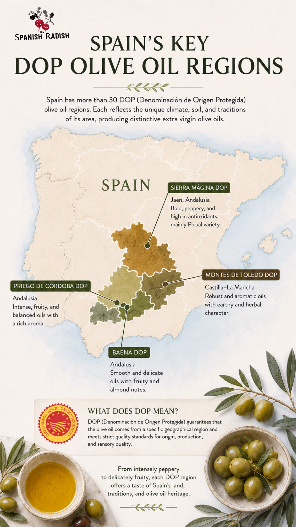 Spains DOP olive oil regions marked out on a map