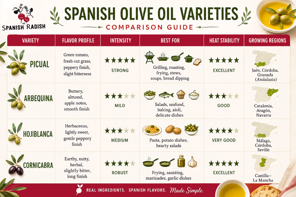 Spanish Olive Oil Varieties Guide An infographic showing the differnt varieties of Spanish olive oil