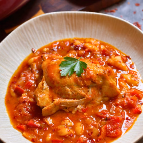 A bowl of Spicy Spanish Chicken Thighs.