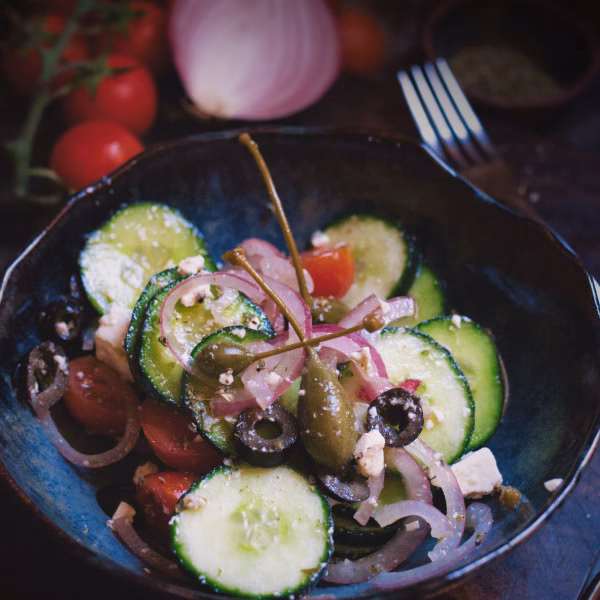 A small bowl of Mediterranean cucumber salad