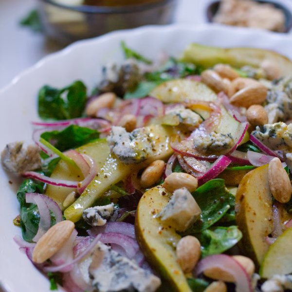pear-and-blue-cheese-salad-600-v1 A large bowl of pear and blue cheese salad