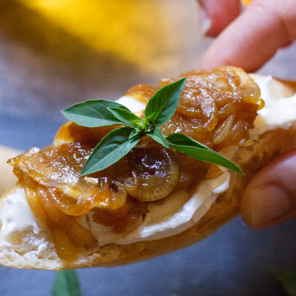 A Spanish tapas serving of Caramelized Onion and Goat Cheese Montaditos