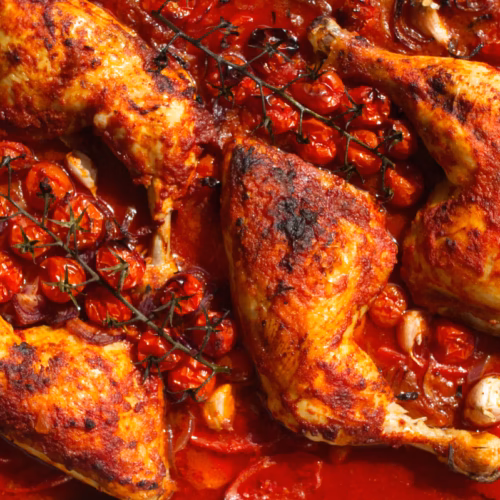 Crispy Spanish Paprika Chicken-v33 - The Spanish Radish A large pan of Spanish paprika chicken with crispy chicken skin, tomatoes, and onions