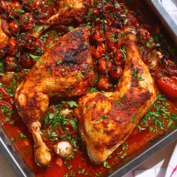 Pieces of cooked paprika chicken in a baking tray with fresh parsley sprinkled around.
