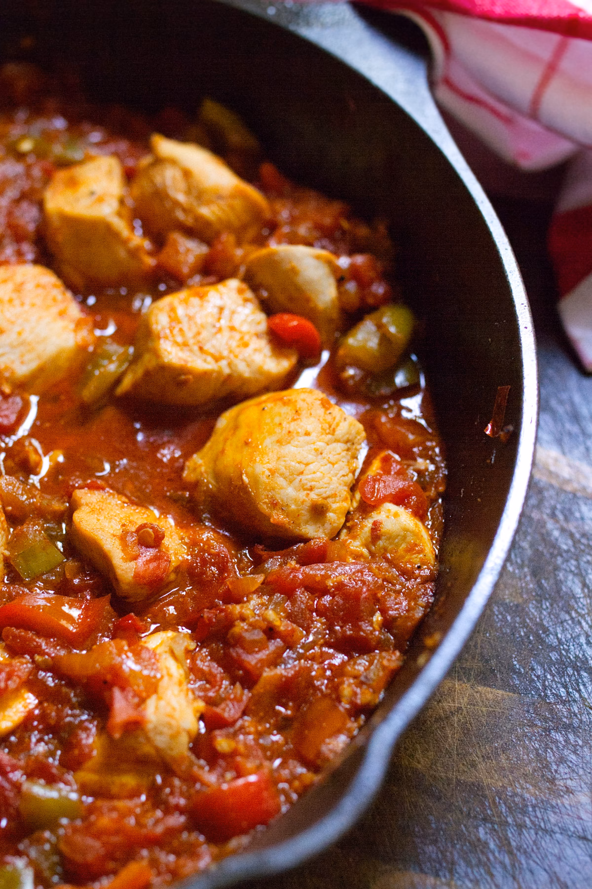 Spanish Chicken with Tomato Sauce-v25 A large pan of Spanish chicken with tomato sauce