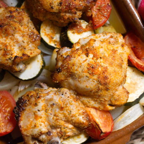 Roast Chicken and Veg-v31 - The Spanish Radish A tray of Roasted Chicken Thighs and Mediterranean Veg